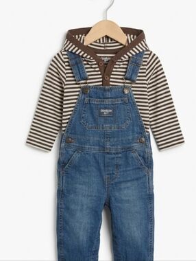 OshKosh B'gosh Boys' Blue Denim Overalls - Brown Striped Hoodie Set
